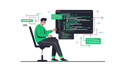Illustration showcasing a developer working on code in a modern and minimalist style