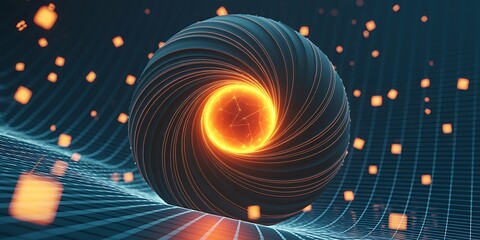 Abstract futuristic digital design featuring a glowing sphere with an intricate swirl pattern on a vibrant blue and orange background