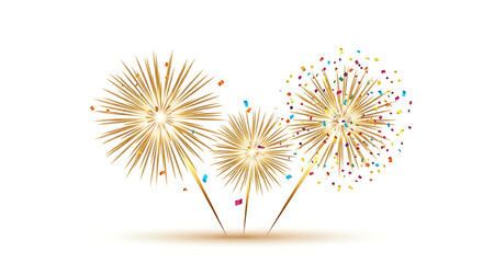 Three golden fireworks exploding with colorful confetti against a white background, isolated on white background