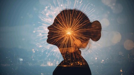 Dreamy silhouette of woman with fireworks exploding in her mind against a city skyline background, perfect for new year celebrations or inspirational concepts