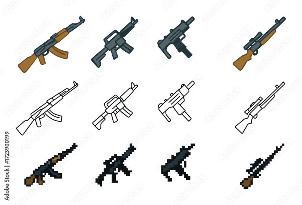Long Rifle Pixel Pixelated assault rifles: collection of 12 pixel art firearms in ...