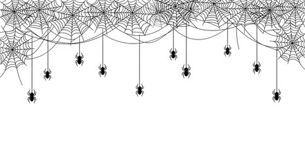 Halloween spider web background with hanging spiders and intricate web details on a white background, perfect for spooky decorations and festive invitations