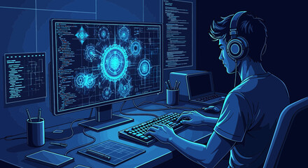 Focused coder immersed in software development with intricate interface on computer screen