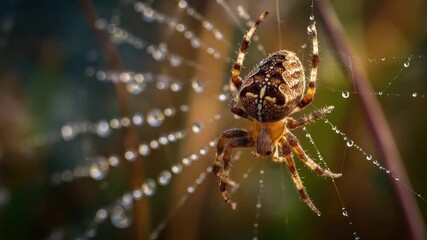 A spider carefully constructs its web, droplets of dew reflecting the soft morning light. The intricate details of the web and spider are captivating and showcase nature's beauty