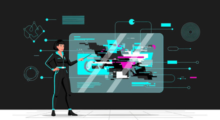 Futuristic technology interface presentation by confident businesswoman illustration