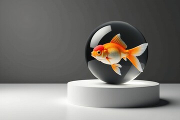 A vibrant goldfish gracefully swims within a transparent sphere, elegantly displayed on a minimalist white pedestal against a sophisticated dark gray backdrop.