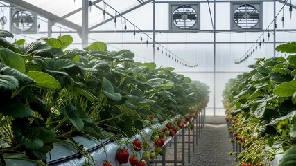 Wall Mural - Detailed medium shot of a polycarbonate greenhouse interior focusing on strawberry rows with precise irrigation and ventilation for optimized growth.