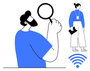 Wall Mural - Man examines with a magnifying glass, woman holds a clipboard, wireless signal at base. Ideal for research, communication, work, data analysis, exploration technology connection concepts. Simple