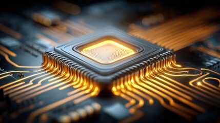 Intricate macro shot of a computer processor with glowing circuitry, a sign of progress.