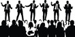 © Musa's Word - Business conference presentation silhouettes with speaker on stage, audience listening, corporate meeting, leadership communication, seminar discussion, teamwork learning concept