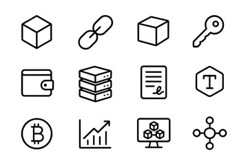 Minimalist blockchain and cryptocurrency icons set in linear style