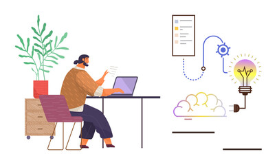 Person working on laptop beside plant, analyzing data flow, cloud platform, and light bulb for ideas. Ideal for teamwork, brainstorming, technology, innovation, creativity problem-solving remote