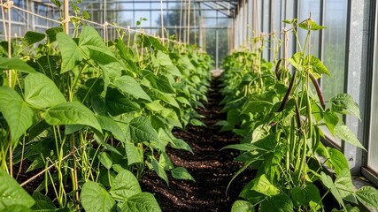 Wall Mural - Medium shot of crossbred bean plants thriving in a sunlit greenhouse showcasing combined traits for improved growth and robustness.