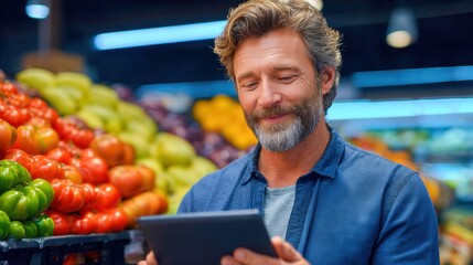 A man uses a tablet in a grocery store, choosing fresh produce for his meal.