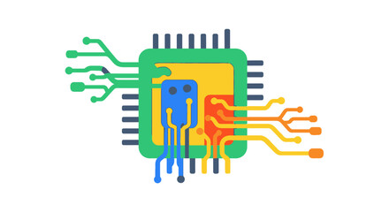 Colorful Microchip with Integrated Circuits and Electronic Components.