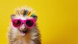 © Sunny - Hedgehog with colorful spiky hair and oversized pink sunglasses, smiling against a bright yellow background, showcasing a playful and vibrant personality in a fun setting
