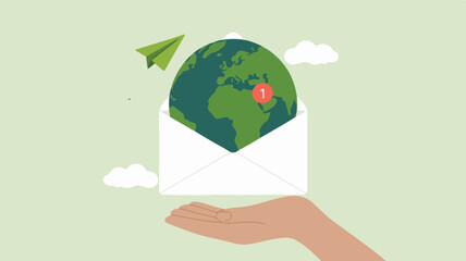 Earth globe in envelope with paper airplane and notification vector