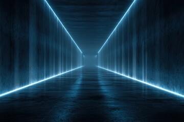 Dark futuristic corridor lit by vibrant blue neon lines