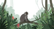 © Afif - Cartoon Monkey Sitting on Branch in Lush Jungle Foliage.