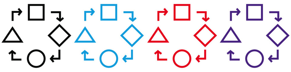 Process icon with red, blue, black and eminence color | Circular outline icon for geometric shape, progress, triangle, circle, square, rhombus start-up | Icon suit for web, mobile, development