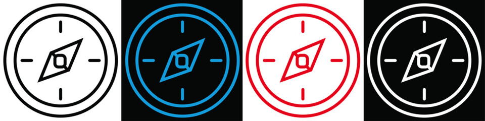 Compass icon with red, blue, black and white color | Circular outline icon for stopwatch, timer, digital clock, start-up | Icon suit for web, mobile, development