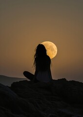 Wall Mural - A woman silhouette sitting put the hand together or doing yoga on the mountain in front of the moon backlighting astronomy outdoors.