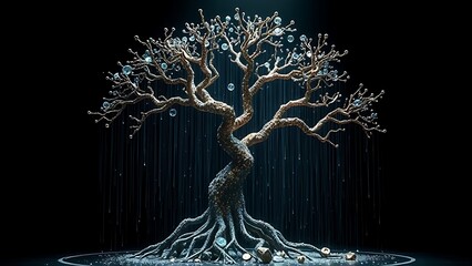 A shattered tree of life sculpture with digital binary rain, symbolizing evolution and technology.