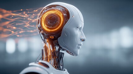 Futuristic robot with glowing circuitry and a serene expression