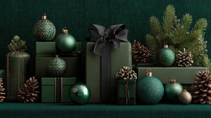 Wall Mural - elegant christmas green gift display with ornaments and pine accents for festive holiday design and decor