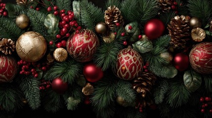 Wall Mural - festive christmas garland with red and gold ornaments and pinecones