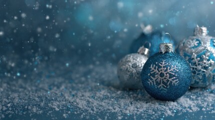 Wall Mural - blue christmas background with snowflakes and christmas balls copy space backgrounds