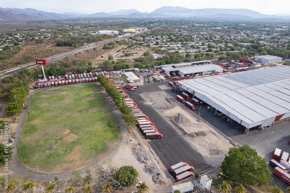 Aerial view of Coca cola company bottling plant, coca cola factory ...