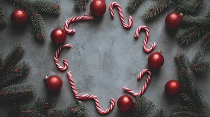 Wall Mural - minimal christmas flat lay with red baubles candy canes and fir sprigs forming a circular frame with copy space