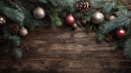 Wall Mural - festive backdrop featuring pine branches and red ornaments on a snowy surface