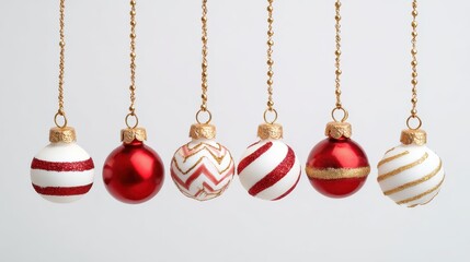 Wall Mural - five red and white christmas ornaments hanging from a gold chain on a white background festive decoration