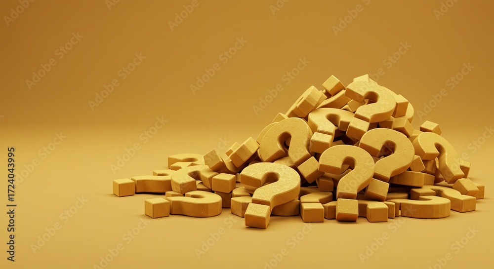 A large pile of golden wooden question marks symbolizing confusion and inquiry