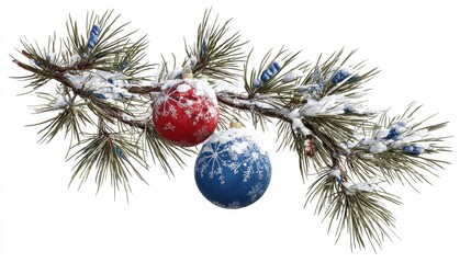 Wall Mural - snowy evergreen branch with a blue and red ornaments