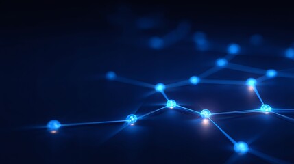 Blue glowing connection network with abstract spheres. Digital grid creating data points. Concept of technology, internet, and communication.
