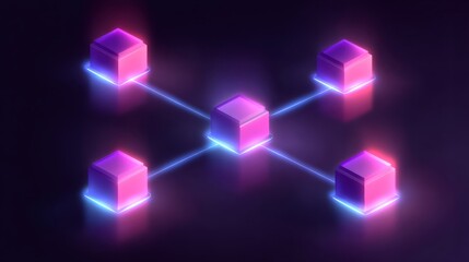 Connected glowing blocks show data network, blockchain or cryptocurrency technology. Abstract digital connection for internet.