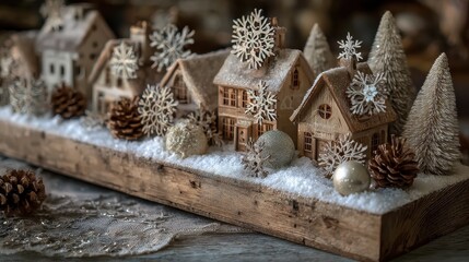 Wall Mural - sparkling snowflakes on a wooden base with ornaments and pinecones snowy village rustic charm