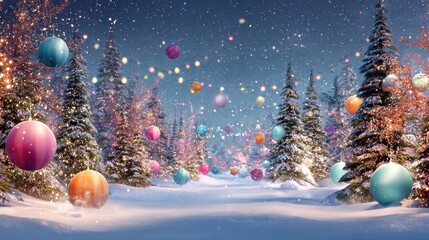 Wall Mural - snowy landscape with colorful baubles and festive trees garlands twinkling stars