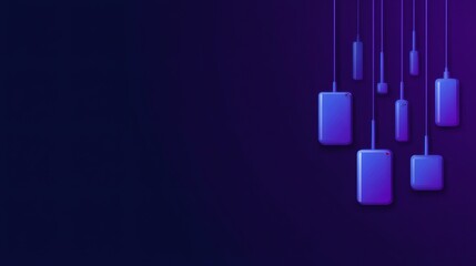 Set of abstract technology devices hanging on dark purple background. Data storage and internet connection concept.