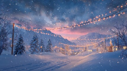 Wall Mural - enchanting winter holiday greeting card with serene snow landscape and festive atmosphere