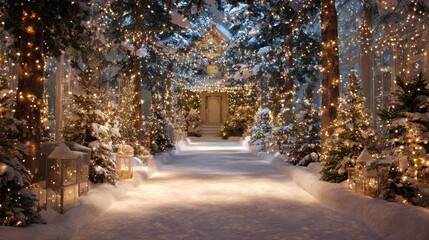 Wall Mural - winter decorations with snow and lights create a festive vibe