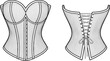 © MstRowshona - Women’s corset flat sketch with structured bust cups, vertical boning seams, lace-up back and front busk closure, lingerie fashion CAD template front back