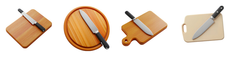 A collection of four different cutting boards each with a knife resting on top of them on transparent background