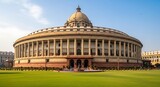 Magnificent parliament house of india captured on a sunny day, new delhi