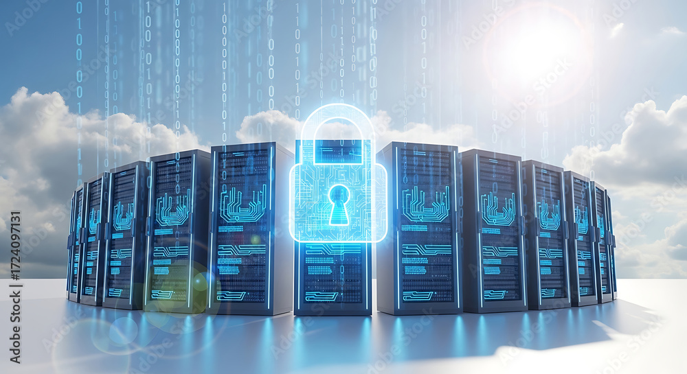 Server Racks with Digital Lock and Binary Code in Sky data center ...