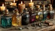 © Pat - A collection of mysterious, glowing bottles and jars on a wooden table, surrounded by ancient scrolls and candles