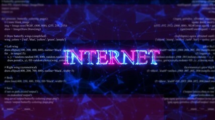 Internet Neon Text With Visible Programming Code And A Blue/purple Geometric Network Background.cyber Space Grid Vibrant Neon Internet Digital Wallpaper,global Internet Connectivity Neon Text  Program